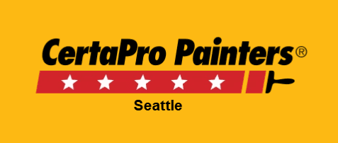 This is an image from CertaPro Painters of Seattle, located in Washington. The logo for CertaPro Painters of Seattle features black text on a yellow background with a red paintbrush graphic, white stars, and the Seattle location name.