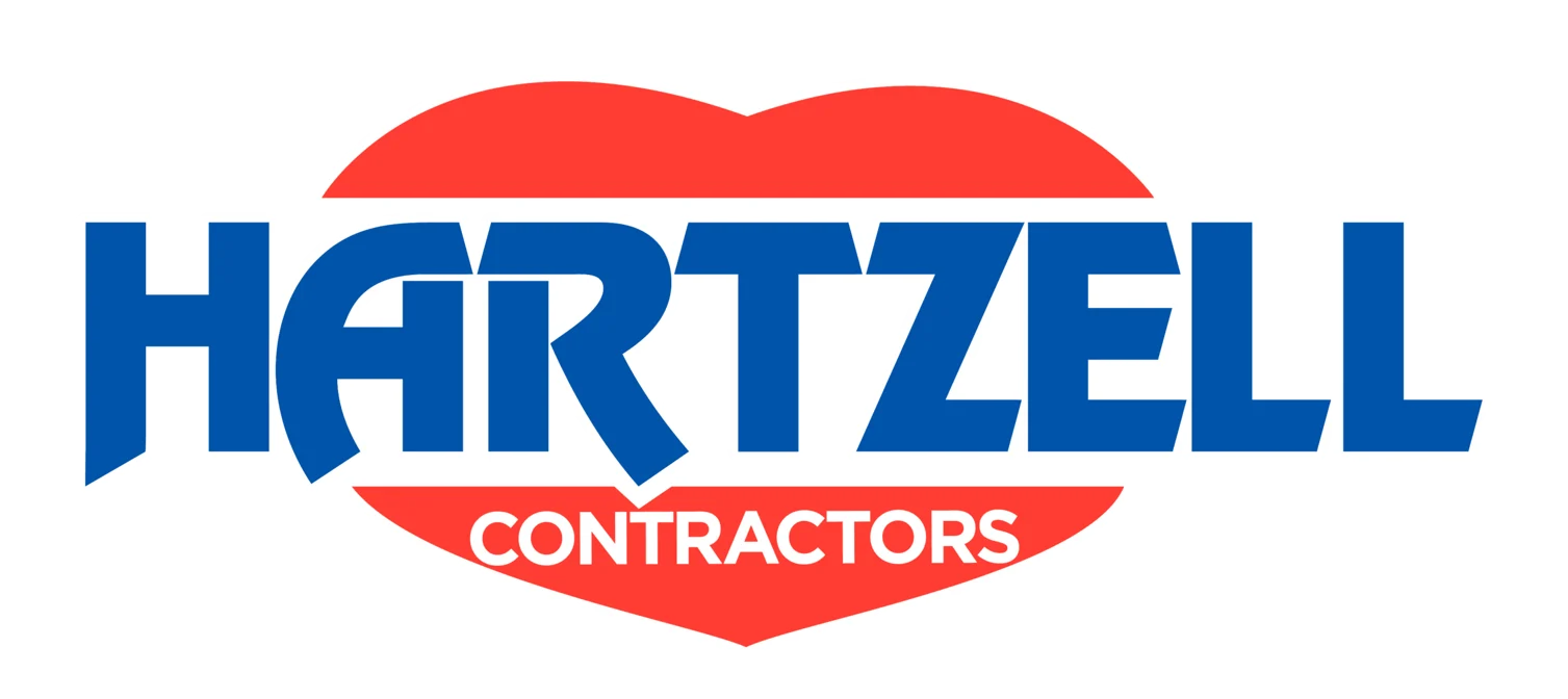 This is an image from Hartzell Contractors, located in Florida. The logo for Hartzell Contractors features bold blue text over a red heart-shaped background with the word 'Contractors' below.