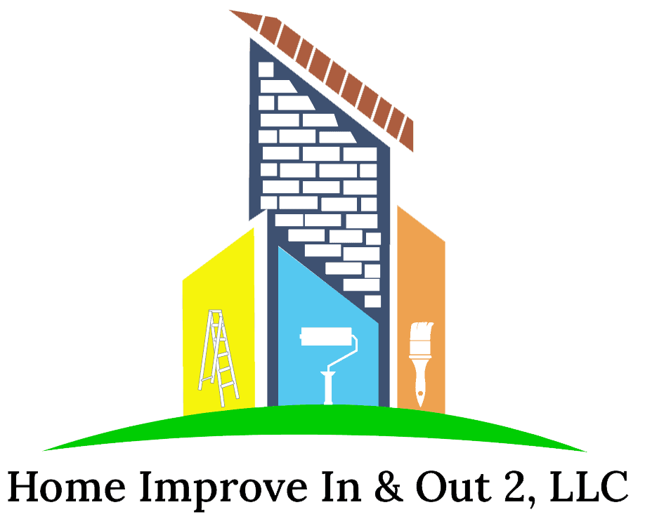 This is an image from Home Improve In & Out, LLC, located in Tennessee. The photo shows a two-story beige home with stone and shingle accents, a black roof, white trim, and a double garage, highlighting freshly painted exterior finishes and clean curb appeal.