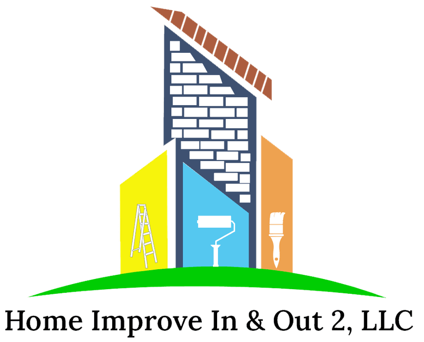 This is an image from Home Improve In & Out, LLC, located in Tennessee. The photo shows a two-story beige home with stone and shingle accents, a black roof, white trim, and a double garage, highlighting freshly painted exterior finishes and clean curb appeal.