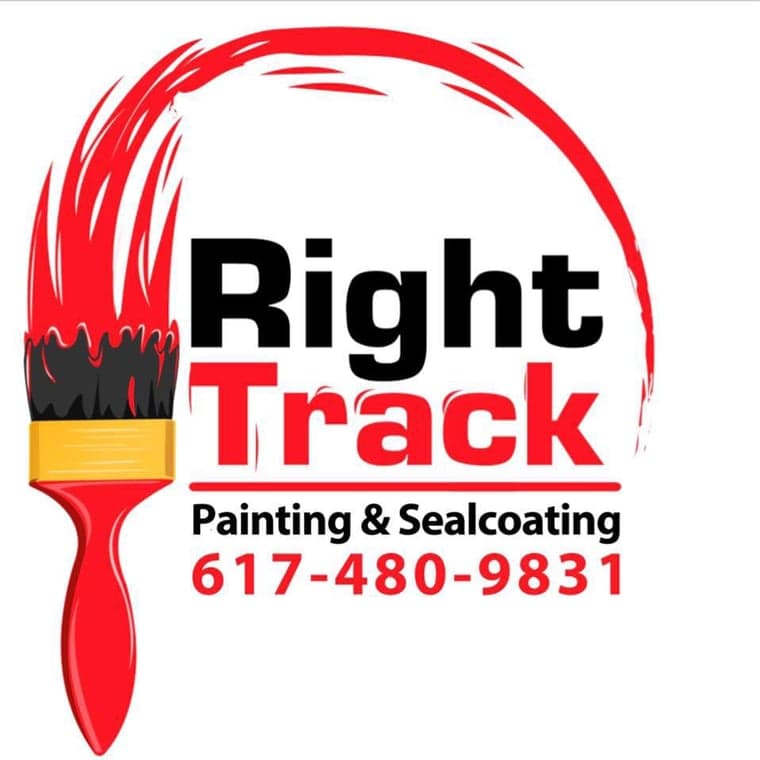 This is the logo of Right Track Painting & Sealcoating, featuring a bold red paintbrush stroke encircling the company name with contact details included. The design highlights their services in painting and sealcoating.