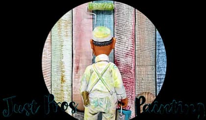 This is an image from Just Pros Painting, located in Texas. The logo for Just Pros Painting features an illustrated painter facing a multicolored wooden wall while holding a roller and paint bucket, with the company name written in teal script.