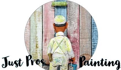 This is an image from Just Pros Painting, located in Texas. The logo for Just Pros Painting features an illustrated painter facing a multicolored wooden wall while holding a roller and paint bucket, with the company name written in teal script.