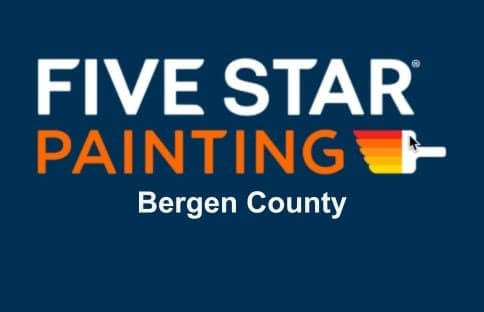 This is an image from Five Star Painting of Bergen County, located in New Jersey. The logo for Five Star Painting of Bergen County features bold white and orange text with a paint-roller icon displaying gradient stripes in red, orange, yellow, and white.