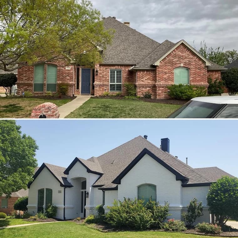 This is an image from Alliance Painting, located in Texas. The before-and-after exterior transformation shows a red brick home updated with white painted brick and contrasting dark trim.