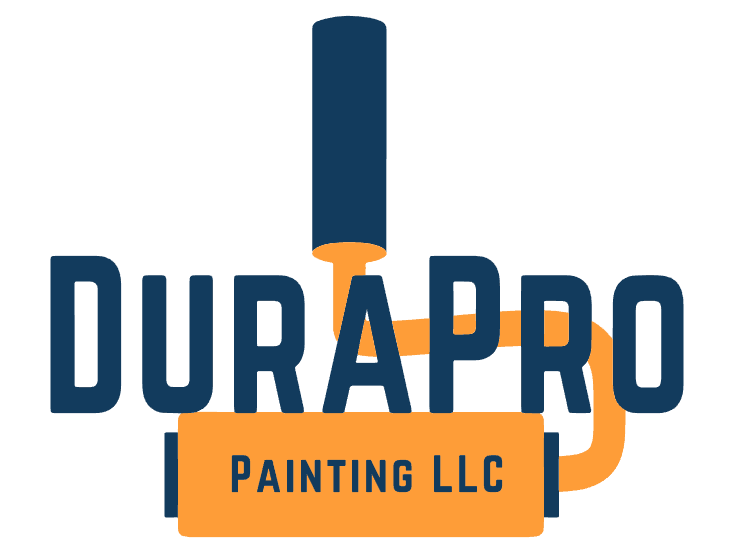 This is an image from DuraPro Painting LLC, located in Michigan. The logo for DuraPro Painting LLC features bold navy lettering with an orange paint roller graphic and a rectangular orange banner displaying the company name.