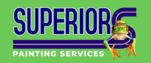 This is an image from Superior Painting Services, located in Florida. The logo for Superior Painting Services features bold white text on a bright green background with blue accents and a colorful tree frog mascot holding a paintbrush.