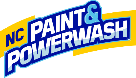 This is an image from NC Paint & Powerwash, located in North Carolina. The logo for NC Paint & Powerwash features bold blue and white text with a yellow swoosh background, emphasizing the company’s painting and power washing services.