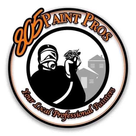 This is an image from 805 Paint Pros, located in California. The logo for 805 Paint Pros features a painter in protective gear holding a spray gun, surrounded by an orange and black circular emblem with the company name.