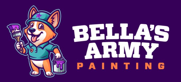 This is an image from Bella’s Army Painting, located in Pennsylvania. The logo for Bella’s Army Painting features a cartoon dog holding a paintbrush and paint bucket alongside bold white and orange text on a purple background.