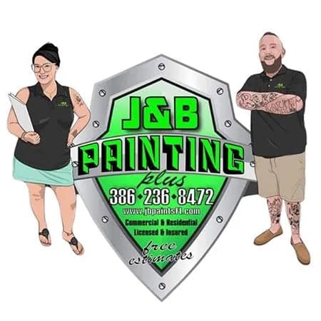 This is an image from J&B Painting Plus Of Florida Inc, located in Florida. The logo for J&B Painting Plus Of Florida Inc features a shield design with bold green text and illustrated characters on each side.