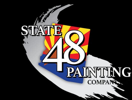 This is an image from State 48 Painting Company LLC, located in Arizona. The logo for State 48 Painting Company LLC features bold black and white text over an Arizona state outline with red, yellow, and blue flag-inspired colors and a gray paint brush stroke background.