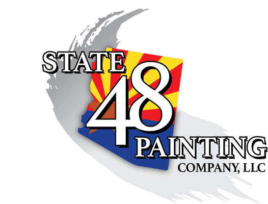 This is an image from State 48 Painting Company LLC, located in Arizona. The logo for State 48 Painting Company LLC features bold black and white text over an Arizona state outline with red, yellow, and blue flag-inspired colors and a gray paint brush stroke background.