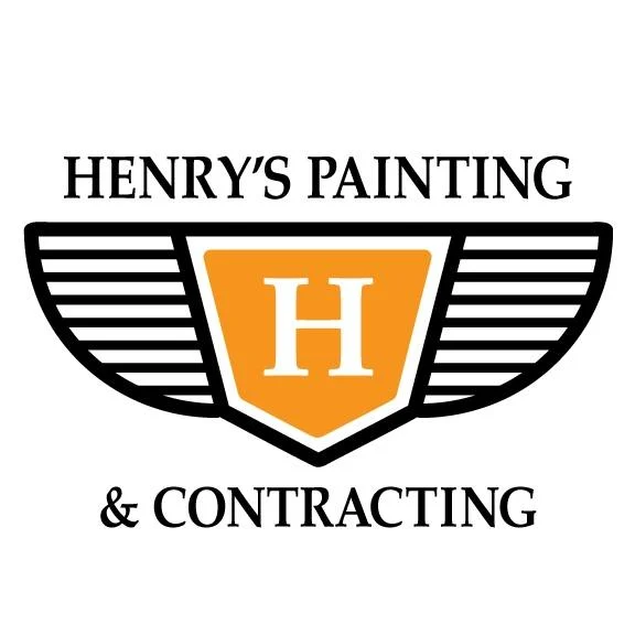 This is an image from Henry’s Painting & Contracting, located in Iowa. The logo for Henry’s Painting & Contracting features a bold orange shield with a white letter “H,” black wing graphics, and black company text.