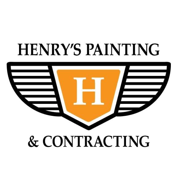This is an image from Henry’s Painting & Contracting, located in Iowa. The logo for Henry’s Painting & Contracting features a bold orange shield with a white letter “H,” black wing graphics, and black company text.