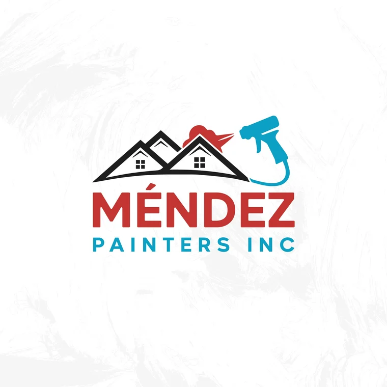 This is an image from Méndez Painters Inc, located in Massachusetts. The company logo features stylized rooftops with a spray paint gun icon, highlighting their expertise in residential and commercial painting services.