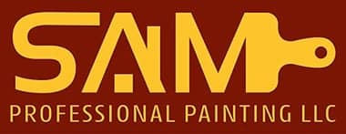 This is an image from Sam Professional Painting LLC, located in Maryland. The logo for Sam Professional Painting LLC features bold yellow lettering with a stylized paint-roller forming part of the design on a dark red background.