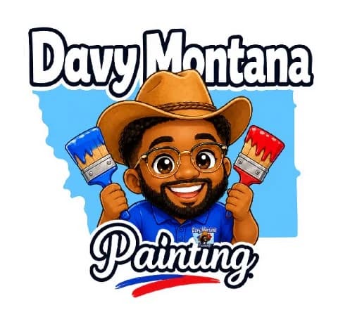 This is an image from Davy Montana Painting, located in Montana. The logo for Davy Montana Painting features a cartoon painter in a cowboy hat holding two paintbrushes in front of a blue Montana-shaped background.