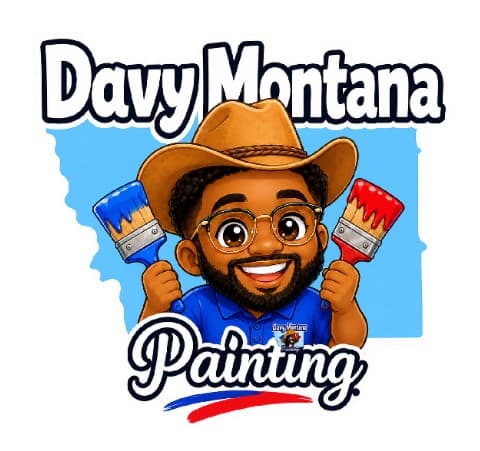 This is an image from Davy Montana Painting, located in Montana. The logo for Davy Montana Painting features a cartoon painter in a cowboy hat holding two paintbrushes in front of a blue Montana-shaped background.