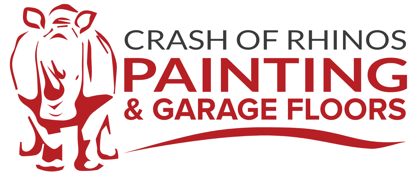 This is an image from Crash of Rhinos Painting & Garage Floors, located in Arizona. The logo for Crash of Rhinos Painting & Garage Floors features a red rhino illustration with bold gray and red text and a curved red underline.