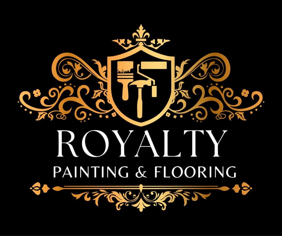 This is an image from Royalty Painting & Flooring, located in Georgia. The logo for Royalty Painting & Flooring features white serif lettering with gold ornamental flourishes, a shield emblem, and painting tools on a black background.