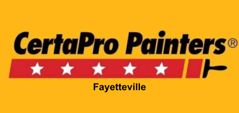 This is an image from CertaPro Painters, located in Georgia. The logo for CertaPro Painters features bold black text on a yellow background with a red banner of five white stars and a paint roller graphic, along with the Fayetteville location name.