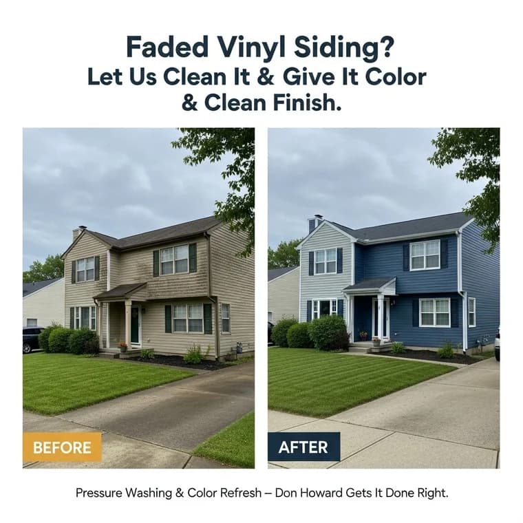 This is an image from Don Howard Painting, located in Ohio. The before-and-after vinyl siding view shows a dull, faded tan home refreshed with clean blue siding and bright white trim.