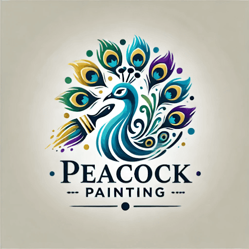 This is an image from Peacock Painting, located in Washington. The logo for Peacock Painting features a stylized peacock with vibrant teal, blue, green, purple, and gold feathers paired with a paintbrush, set above bold dark text reading 'Peacock Painting.'