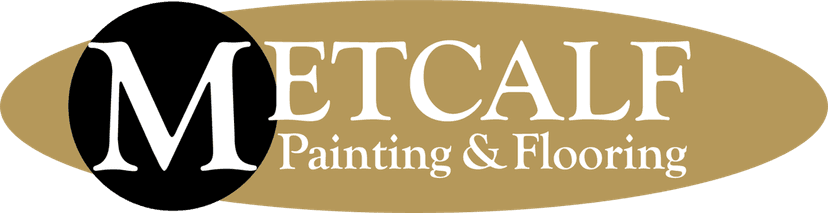 This is an image from Metcalf Painting & Flooring, located in North Carolina. The logo for Metcalf Painting & Flooring features a bold white 'M' on a black circle set against a gold oval background with elegant serif lettering in white.