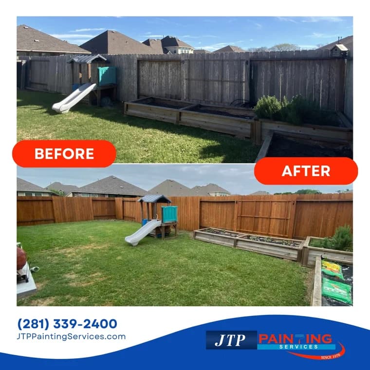 This is an image from JTP Painting Services, located in Texas. The before-and-after comparison shows a backyard fence restoration, where an old weathered fence is transformed into a clean, freshly stained wooden fence.