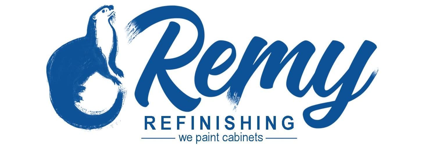This is an image from Remy Refinishing, located in Nebraska. The logo for Remy Refinishing features blue script lettering with an otter graphic and the tagline we paint cabinets.