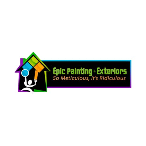 This is an image from Epic Painting & Exteriors, located in Wisconsin. The logo for Epic Painting & Exteriors features a colorful house graphic with a paintbrush forming part of the roofline, paired with bold modern text and the tagline “So Meticulous, it’s Ridiculous,” representing professional painting and exterior services.