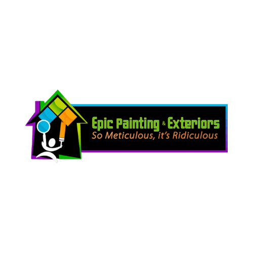 This is an image from Epic Painting & Exteriors, located in Wisconsin. The logo for Epic Painting & Exteriors features a colorful house graphic with a paintbrush forming part of the roofline, paired with bold modern text and the tagline “So Meticulous, it’s Ridiculous,” representing professional painting and exterior services.