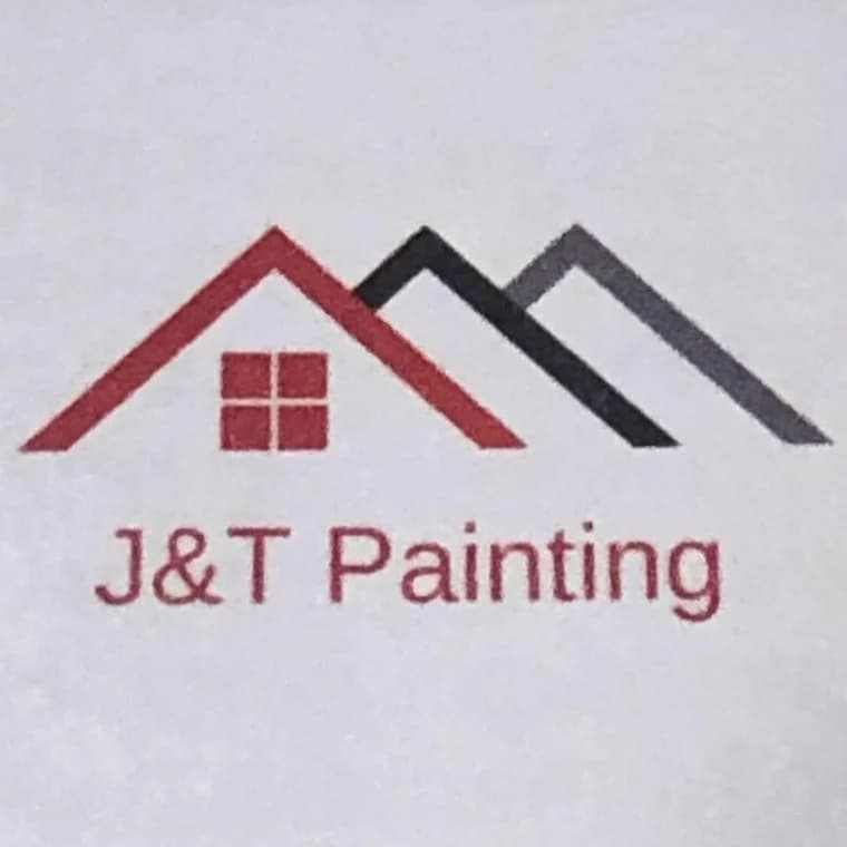 This is an image from J&T Painting LLC, located in Indiana. The logo for J&T Painting LLC features a stylized set of overlapping rooflines in red, black, and gray with a small four-pane window icon and the company name displayed beneath.
