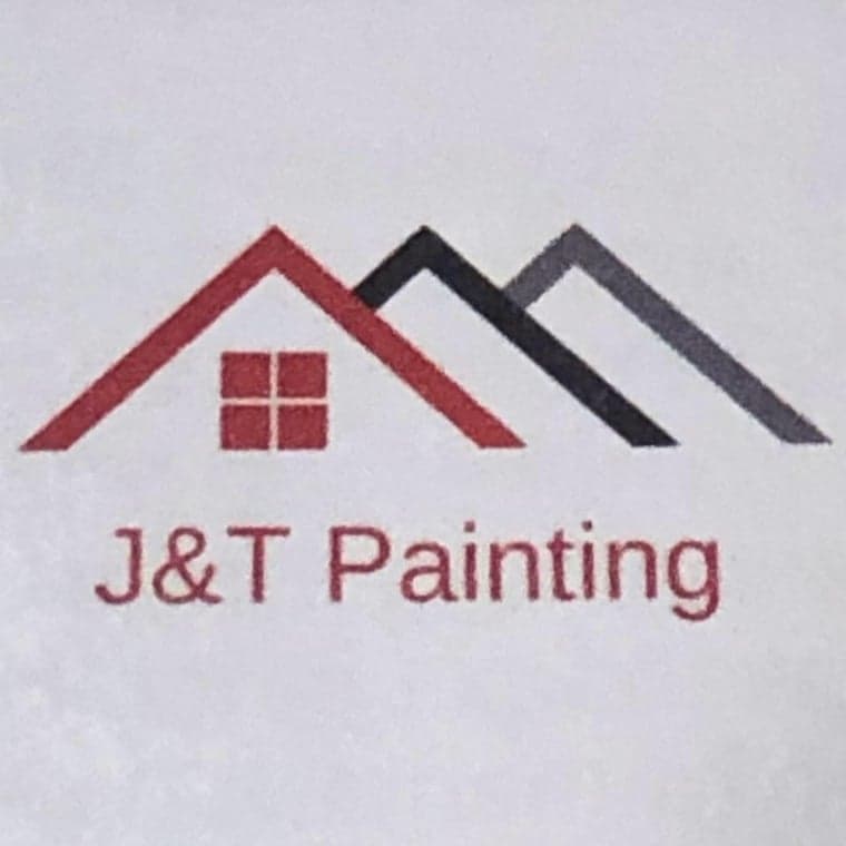 This is an image from J&T Painting LLC, located in Indiana. The logo for J&T Painting LLC features a stylized set of overlapping rooflines in red, black, and gray with a small four-pane window icon and the company name displayed beneath.