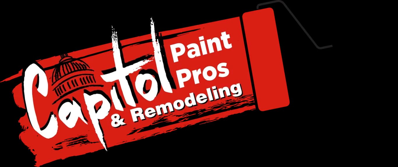 This is an image from Capitol Paint Pros, located in Texas. The logo for Capitol Paint Pros features bold white and black text on a red paint-stroke background with an illustrated capitol dome above the word ‘Capitol.