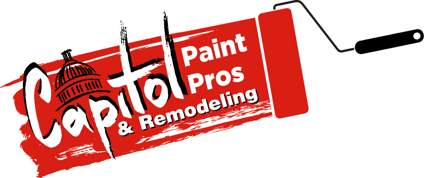 This is an image from Capitol Paint Pros, located in Texas. The logo for Capitol Paint Pros features bold white and black text on a red paint-stroke background with an illustrated capitol dome above the word ‘Capitol.