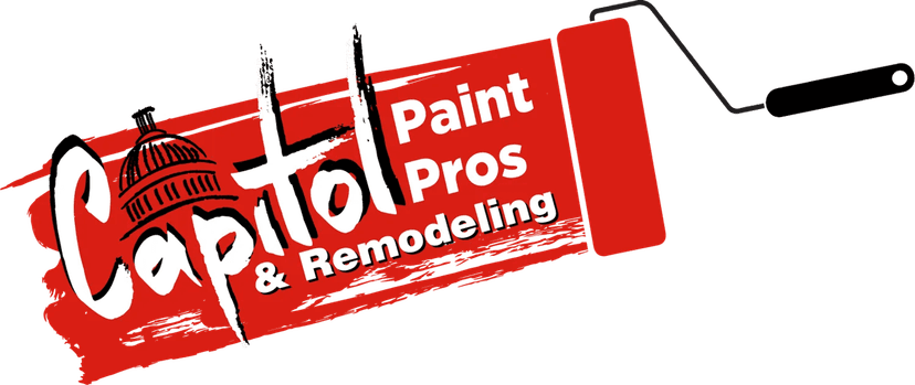 This is an image from Capitol Paint Pros, located in Texas. The logo for Capitol Paint Pros features bold white and black text on a red paint-stroke background with an illustrated capitol dome above the word ‘Capitol.