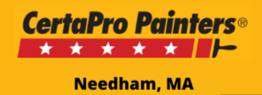 This is an image from CertaPro Painters of Needham, located in Massachusetts. The logo for CertaPro Painters features bold black text on a yellow background with a red paint roller design and five white stars across a red stripe.
