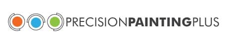 This is an image from Precision Painting Plus of San Diego, located in California. The logo for Precision Painting Plus of San Diego features clean modern typography with three circular paint icons in orange, blue, and green, representing professional residential and commercial painting services.