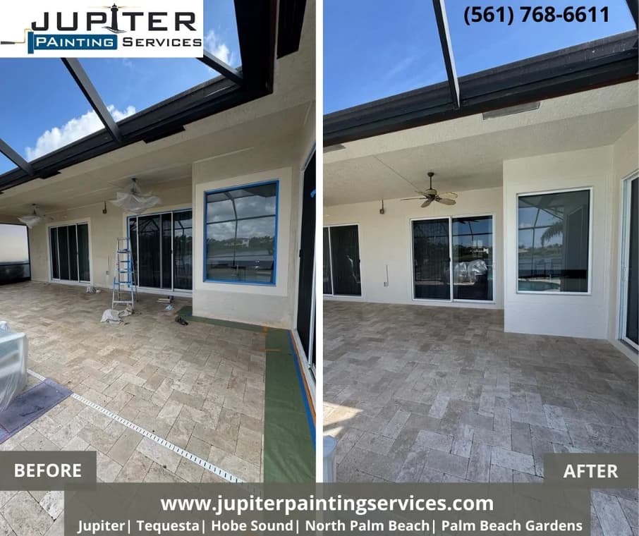 This is an image from Jupiter Painting Services company, located in Jupiter, FL. The image is a before and after lanai painting project by Jupiter Painting Services, showing transformation of a covered patio with fresh white stucco walls, ceiling fan, and clean trim around windows and sliding doors