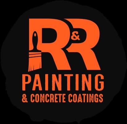 This is an image from R&R Painting & Concrete Coatings, located in New York. The logo for R&R Painting & Concrete Coatings features bold orange lettering with a paintbrush icon integrated into the design on a black circular background.