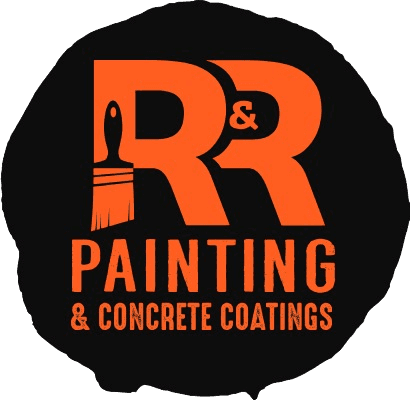 This is an image from R&R Painting & Concrete Coatings, located in New York. The logo for R&R Painting & Concrete Coatings features bold orange lettering with a paintbrush icon integrated into the design on a black circular background.