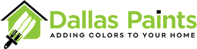 This is an image from Dallas Paints, located in Texas. The logo for Dallas Paints features a house-shaped outline with three green paintbrush strokes next to bold green text.