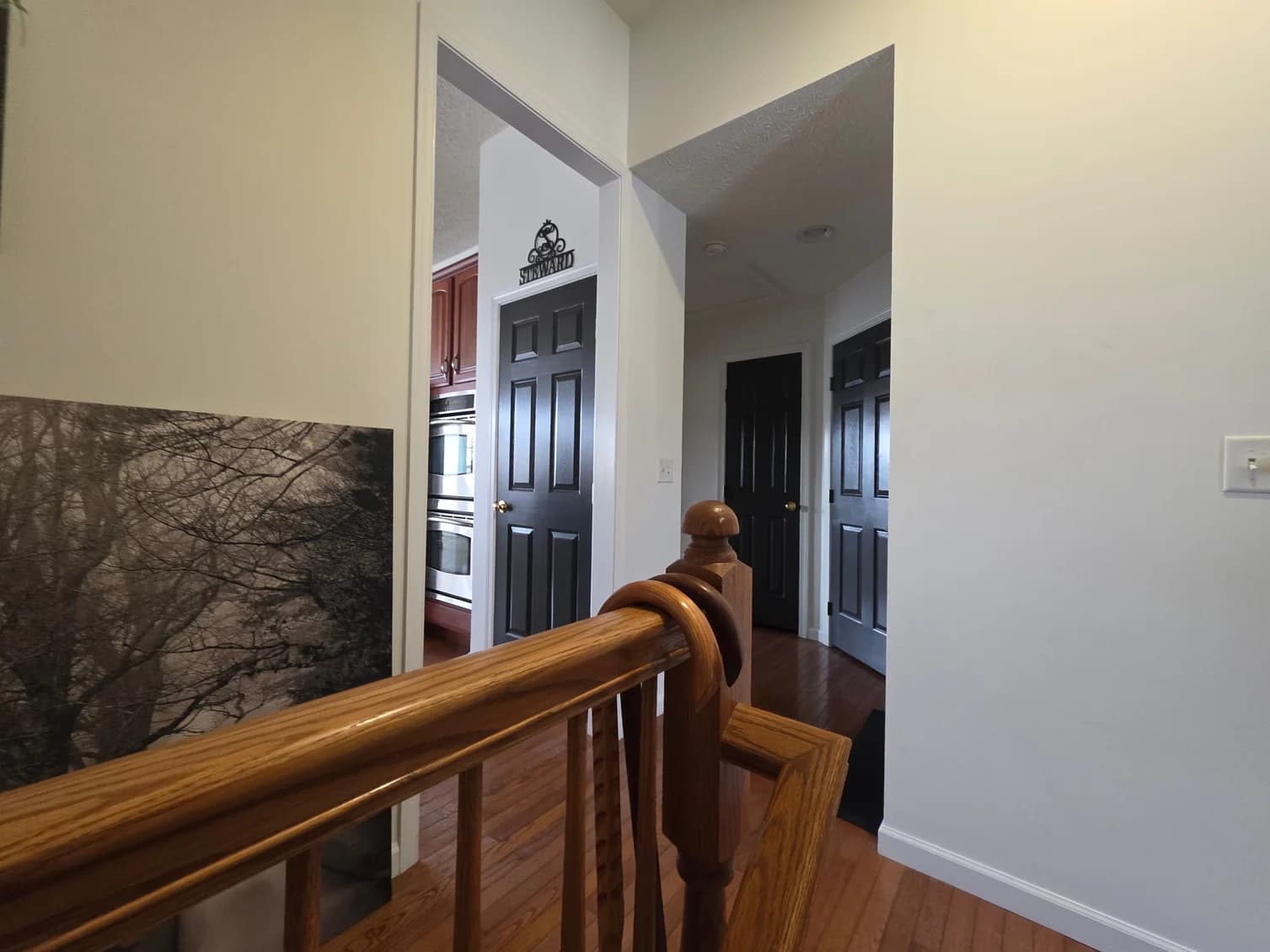 This is an image from Resurrection Painting LLC, located in Ohio. The image shows a freshly painted interior hallway with white walls, black interior doors, wood stair railing, and clean trim work creating a sharp, modern contrast.