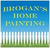 This is an image from Brogan's Home Painting. The image shows the Brogan’s Home Painting logo featuring yellow text over a blue sky background above a white picket fence and green grass.