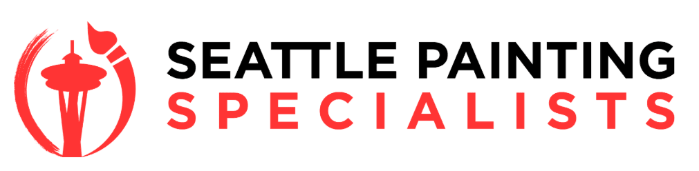 This is an image from Seattle Painting Specialists, located in Washington. The logo for Seattle Painting Specialists features bold black and red text with a red Space Needle icon and paintbrush design.