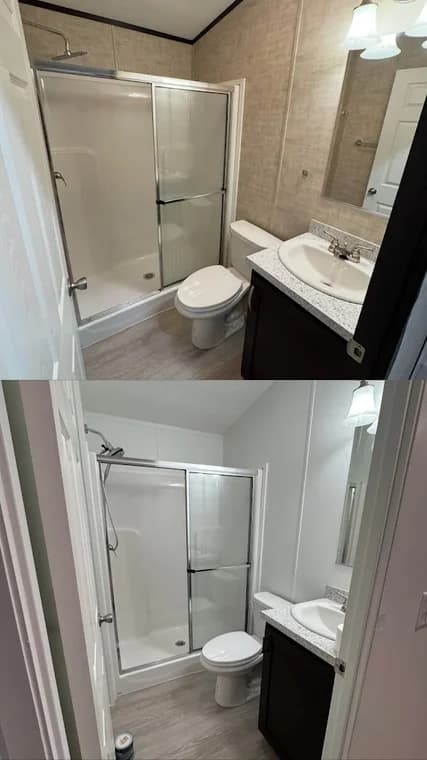 This is an image from Queen City Painting & Wash, located in Ohio. The before-and-after bathroom images show a refreshed space with newly painted white walls replacing the original beige tones.