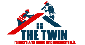 "This is an image from The Twins Painters and Home Improvement LLC, located in Texas. The logo features two workers on a red roofline silhouette above a house window, with the company name in bold blue lettering underneath."