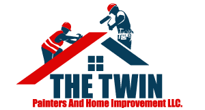 "This is an image from The Twins Painters and Home Improvement LLC, located in Texas. The logo features two workers on a red roofline silhouette above a house window, with the company name in bold blue lettering underneath."